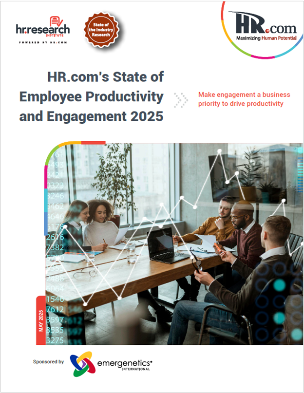 Cover image of HR dot com's state of employee productivity and engagement report with team working together Cover image of HR dot com's state of employee productivity and engagement report with team working together